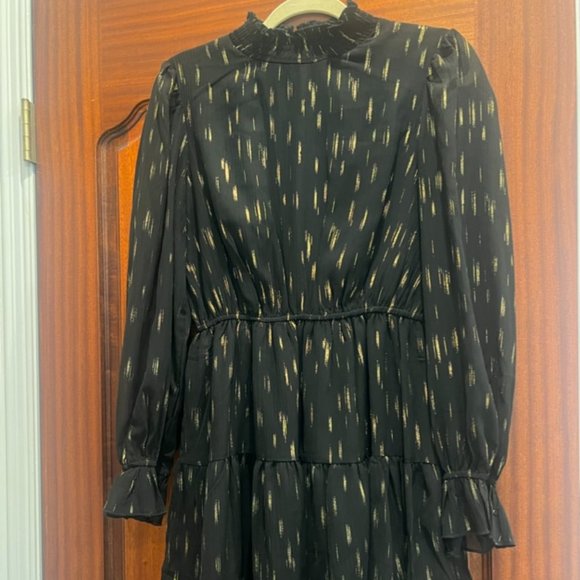 AQUA Mock Neck Long Sleeve Ruffle Black Metallic Gold Dress Women's Size MED - Picture 1 of 6